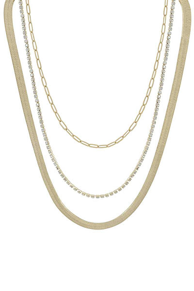 3 Layered Metal Rhinestone Chain Necklace