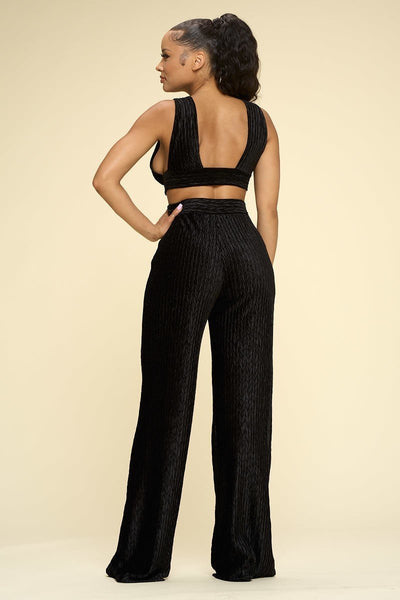 Crushed Velvet Plunging Neck Tank Top And High Waist Palazzo Pants Set