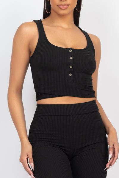 Buttons Scoop Neck Crop Top & Biker Shorts Set