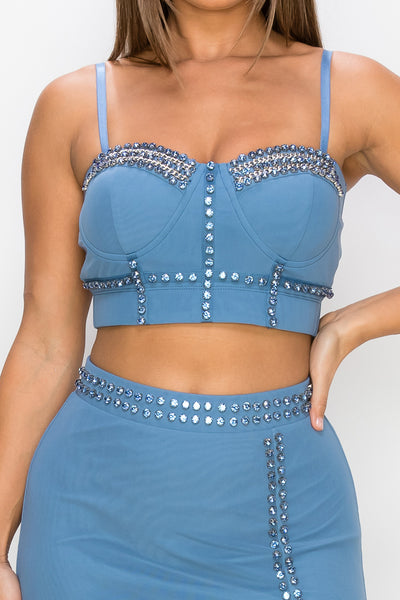 Studded Stone Cami Top & Slit Mini Skirts Set