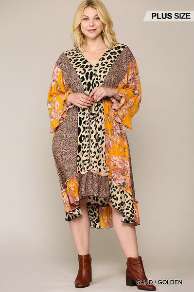 Leopard And Floral Mixed Print Hi Low Midi Dress With Waist Tie